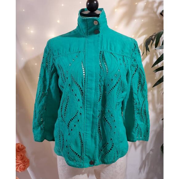 Chico's Jackets & Blazers - Chicos Eyelet Linen Zip Jacket Womens Size 0 US S 4 Green Natural Coastal Lace